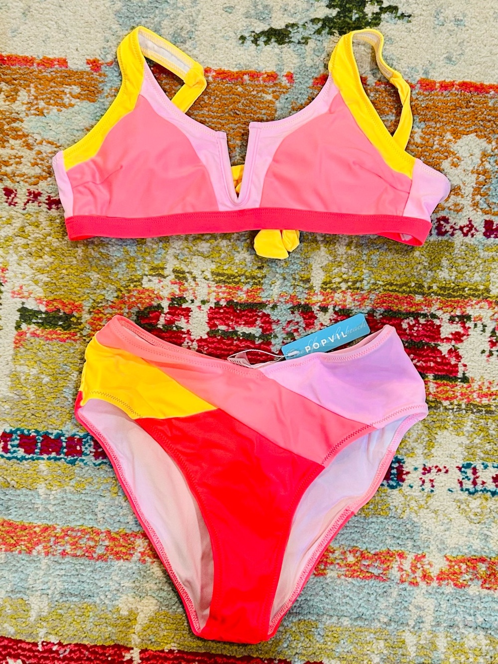 Popvil Womens Colorblock Pink & Yellow Two-Piece Swim Set